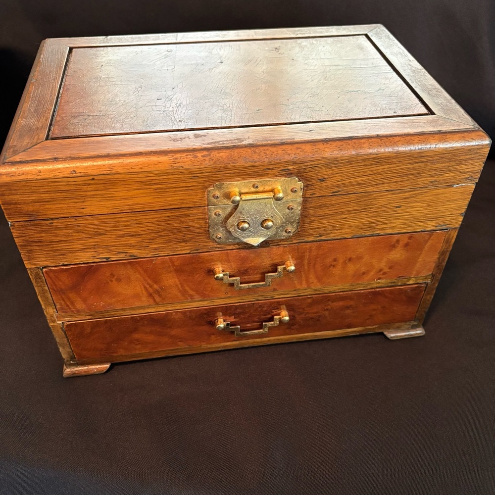 Vintage Wooden Jewelry Box with Brass Accents
